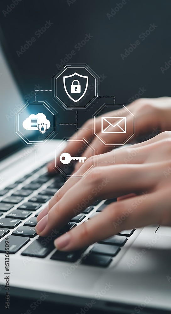 Poster hands typing on a laptop with digital security icons representing data protection concepts
