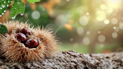 Obraz premium Chestnuts In Spiky Husk On Tree Bark With Dewdrops. Nature'S Autumn Bounty In Serene Forest Setting