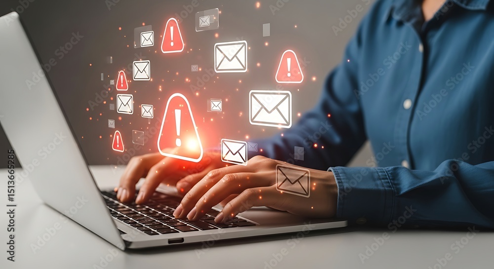 Aufkleber laptop keyboard and email warnings showing a cybersecurity threat or online hacking concept