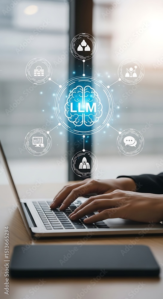 Poster llm technology concept represented by user working on laptop with digital interface display