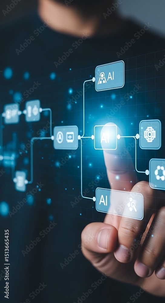 Poster person interacting with artificial intelligence interface representing data and technology advanceme
