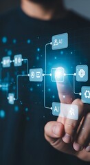 Person interacting with artificial intelligence interface representing data and technology advancements