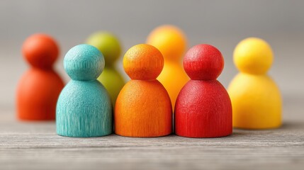 Group of wooden people representing different purposes in a concept of categorizing with meaning for effective organization