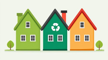 Obraz premium Colorful Eco-Friendly Houses with Recycling Symbol and Greenery in a Positive Urban Environment