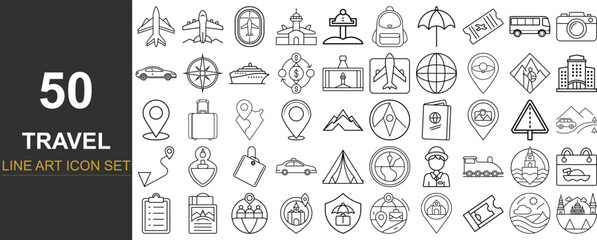 50 Minimal Line Art Vector Icons Representing Travel and Navigation Essentials Including Airplanes, Luggage, Maps, GPS, Transportation, and Vacation Tools for Tourism and Holiday Projects