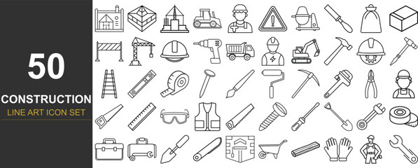 50 Construction and Tool Icons – Minimal Line Art Vector Illustrations Featuring Hand Tools, Safety Equipment, and Building Essentials for Industrial and Home Improvement Design Projects