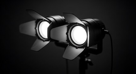 Two professional stage spotlights illumination displayed against a dark background in monochrome