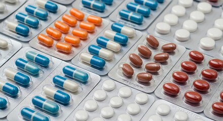 Various pharmaceutical pills and capsules in blister packs representing healthcare and medicine