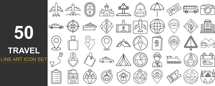 50 Minimal Line Art Vector Icons Representing Travel and Navigation Essentials Including Airplanes, Luggage, Maps, GPS, Transportation, and Vacation Tools for Tourism and Holiday Projects