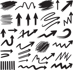 Kid pencil hand drawn line element set  Chalk pencil hand drawn doodle sketch texture color kid crayon arrow, heart, cloud shape set. Texture chalk crayon pencil style 