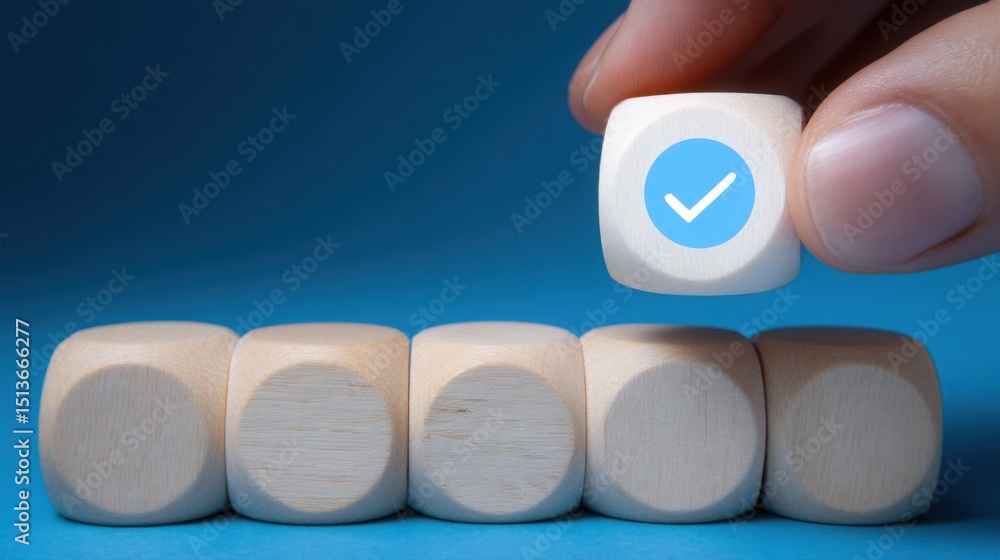 Poster a person placing a wooden block with multiple ticks indicating success and effectiveness in achievin