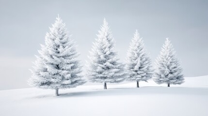 Four Snow-Covered Evergreen Trees Standing In A Winter Landscape Under Overcast Skies