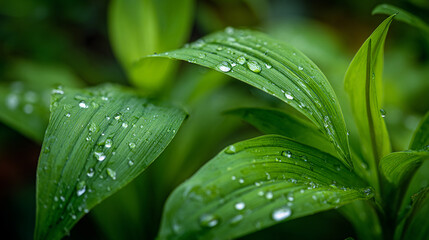 Close-up of vibrant green leaves adorned with glistening water droplets in a tranquil garden setting