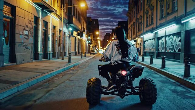 Urban Explorer: A solo rider fearlessly cruises down a quiet city street at dusk on an all-terrain vehicle. the rider's silhouette set against the backdrop of historic buildings and dim streetlights.