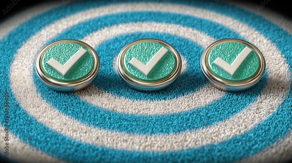 Poster three green and white buttons arranged on a blue rug representing the concept of implementing change