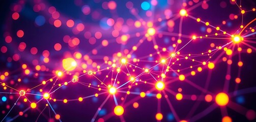 Abstract network nodes glowing brightly, data streams flowing, processing, big data