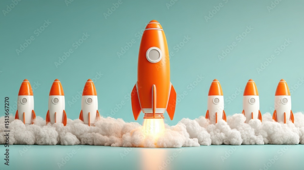 Poster dynamic rocket launching into the sky depicting the concept of launch strategy and activation of hig