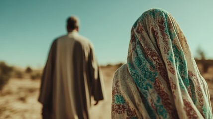 A photo depicting two figures walking away on a desert path, one wearing a colorful shawl, creating a sense of journey and exploration in an open and vast landscape.