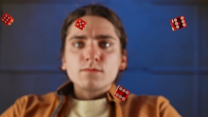 Person Observing Dice Suspended Below the Glass