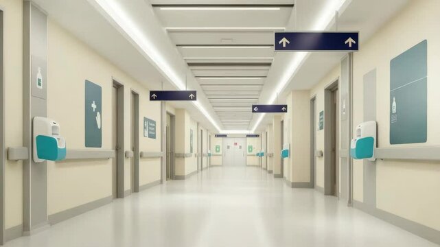 Empty modern hospital corridor with clean design, signs, and rooms