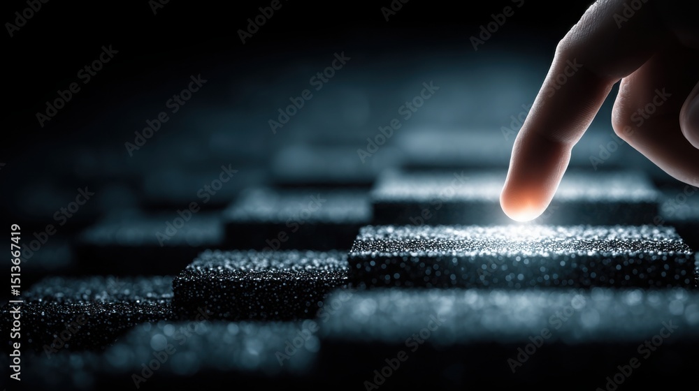 Poster a finger touching a glowing light representing lighting the path with clear execution steps in a con