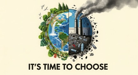 A stark Illustration of Earth's Divided Destiny: An illustrative dichotomy reveals Earth's contrasting futures, with a thriving, verdant half juxtaposed against a polluted industrial landscape.