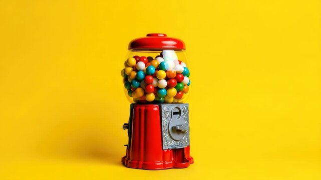 Red gumball machine filled with colorful gumballs against yellow background