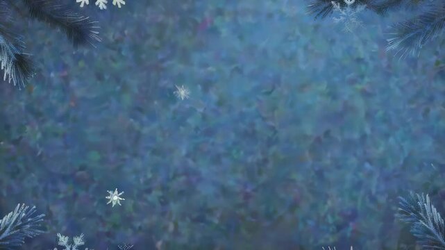 A serene blue winter scene featuring softly falling snowflakes and hints of winter greenery. The image evokes a feeling of tranquility, capturing the beauty of the winter season.