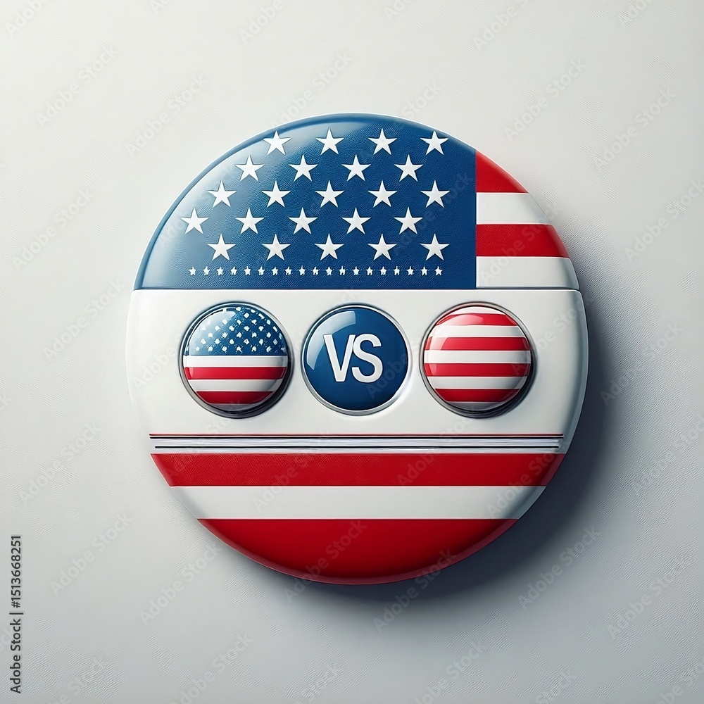 Fototapete badge button with usa flag design on two buttons white background, 3d rendering illustration, create