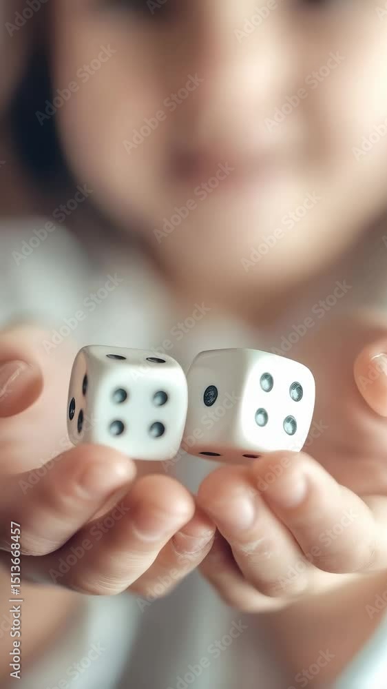 Poster smiling child showing two dice in their hands, ready to start playing a board game, having fun with 
