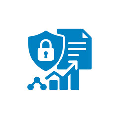 illustration showing shield with padlock, document, and chart. Represents cybersecurity, data loss prevention, data protection and secure information management. Isolated on white background.