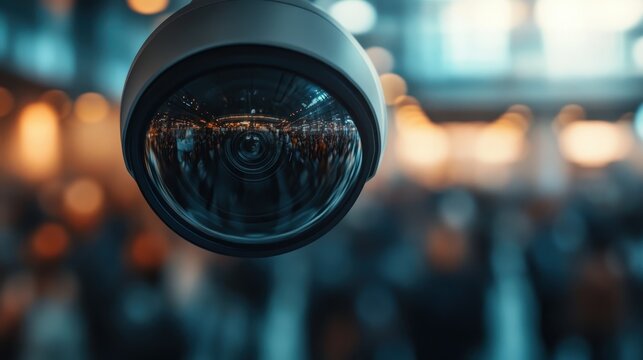 A high-definition surveillance camera captures a vibrant public space filled with people, emphasizing security and modern technology in our daily lives.