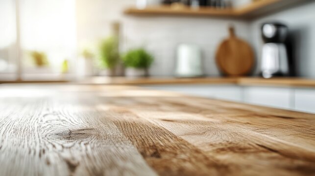 A beautifully lit wooden table showcases the warm tones of high-quality wood, surrounded by a bright kitchen that evokes a sense of homeliness and comfort.