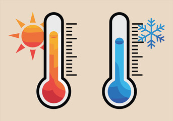 Vector illustration of hot and cold thermometers with sun and snowflake symbols - thermometer, hot, cold, sun, snowflake, temperature, vector, weather, climate, icon.






