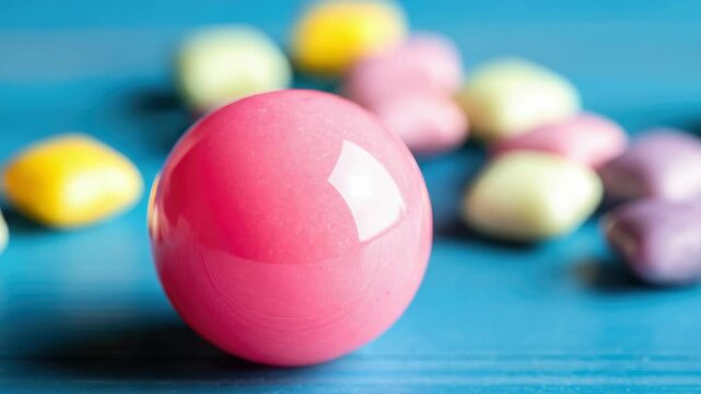 Close-up of colorful candy with pink gumball in foreground on blue surface
