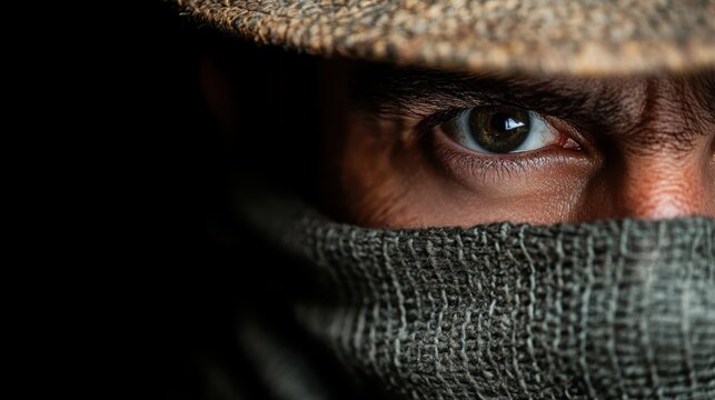 A close-up shot of a mysterious man's eye and face partially hidden by a hat and scarf, suggesting intrigue and a sense of hidden identity.