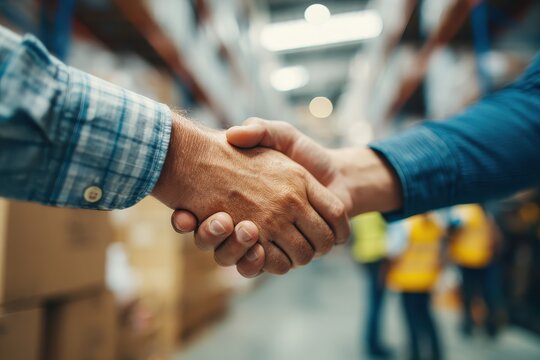 Business Handshake in Warehouse with Logistic Workers in Background - Powered by Adobe