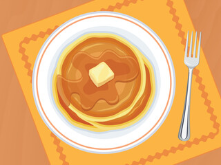 Pancakes with butter and syrup top view vector illustration. Pancakes on a plate on a wooden table above view vector. Sweet breakfast on the table drawing