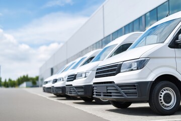 Naklejka premium Row of white commercial vans parked near warehouse, ready for delivery or service tasks.