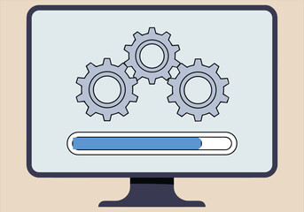 Vector illustration of computer screen with loading bar and gear icons - computer, screen, loading bar, gears, vector, technology, software, update, progress, interface.






