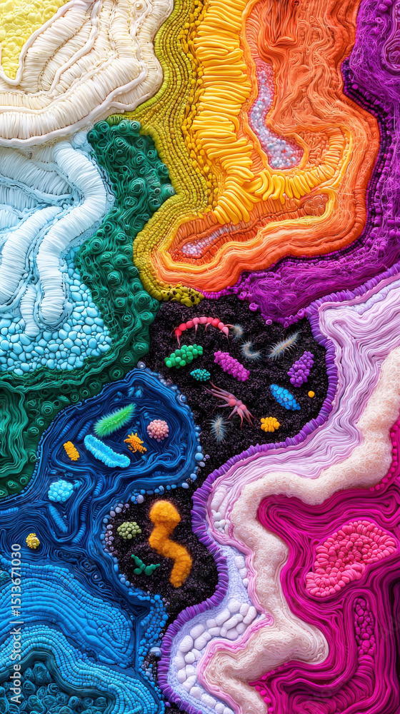 Poster vibrant digital art piece showcasing intricate soil food web with colorful textures and patterns