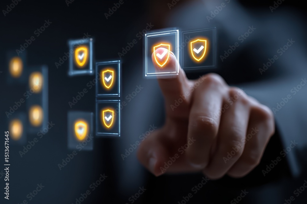 Poster digital security concept with touchscreen interaction and shield icons