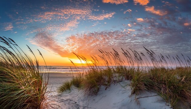 sunrise at st augustine beach showing sea oats and nice colorful clouds