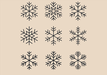 Vector illustration of delicate black snowflake icons in minimalist line style - snowflake, icon, black, vector, winter, holiday, frost, cold, decoration, seasonal.






