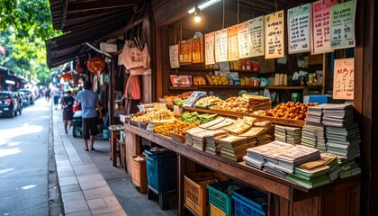 Obraz premium Outdoor Market Displaying Assorted Food Items And Traditional Wooden Storefront with People
