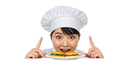 Excited chef points at delicious sesame seed burgers on a white plate with open mouth.