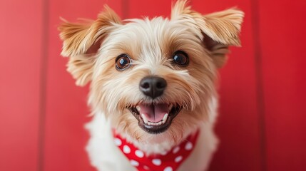 A cheerful dog with fluffy fur and bright eyes poses playfully against a vivid red background, capturing the essence of joy and companionship in pet photography.