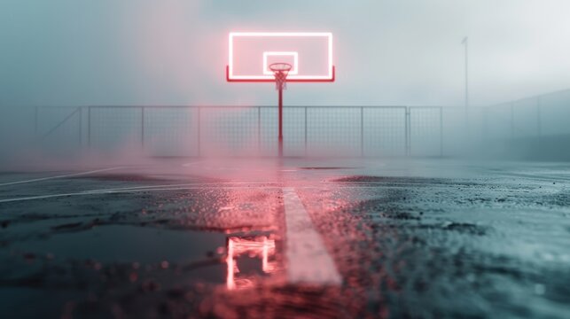 An atmospheric basketball court shrouded in mist, featuring a neon-lit hoop that creates a captivating interplay of light and shadows, perfect for a modern sports-themed backdrop.