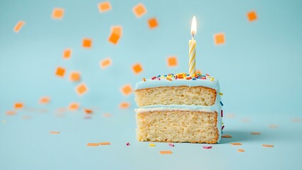 A Festive Delight Slice of Cake with Sprinkles and a Lit Candle on a Pastel Blue Backdrop Surrounded by Orange Confetti Creating a Cheerful and Celebratory Birthday Atmosphere