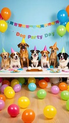 Colorful dog birthday party celebration with balloons and cake - National Dog Party Day